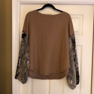 Kas New York Tan Boho Top w/ Multicolor Mesh & Metallic Large Puffed Sleeves